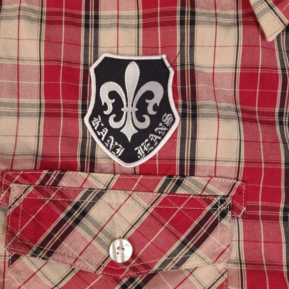 Kani Gold Shirt Mens XL Red Plaid Button Down Short Sleeve Patches Fitted - Picture 6 of 15